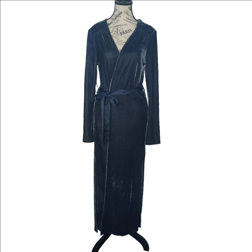 *Tularosa Velvet Wrap Dress Deep Blue Grey Maxi with Ribbon Tie Pockets NWT - M - Picture 2 of 13